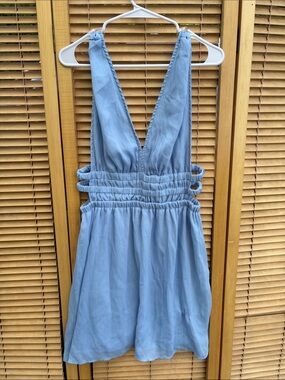 Light Blue Midi Dress with Deep V and Smocked Waist